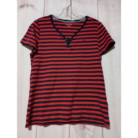 Nautica Shirt Ladies Large Navy Red Short Sleeve‎ VNeck Soft Stretchy Casual - Picture 1 of 6